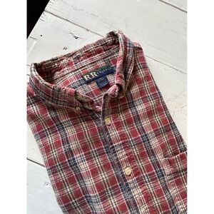 R&R Casuals Mens XL Red Plaid Linen Cotton Short Sleeve Button Down Shirt